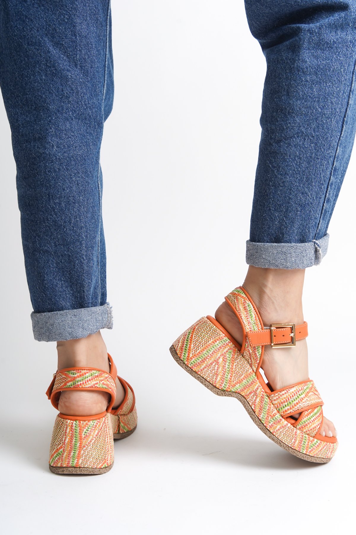 Capone Straw Sole Genuine Leather Cross Strap Comfort Women Orange Sandals
