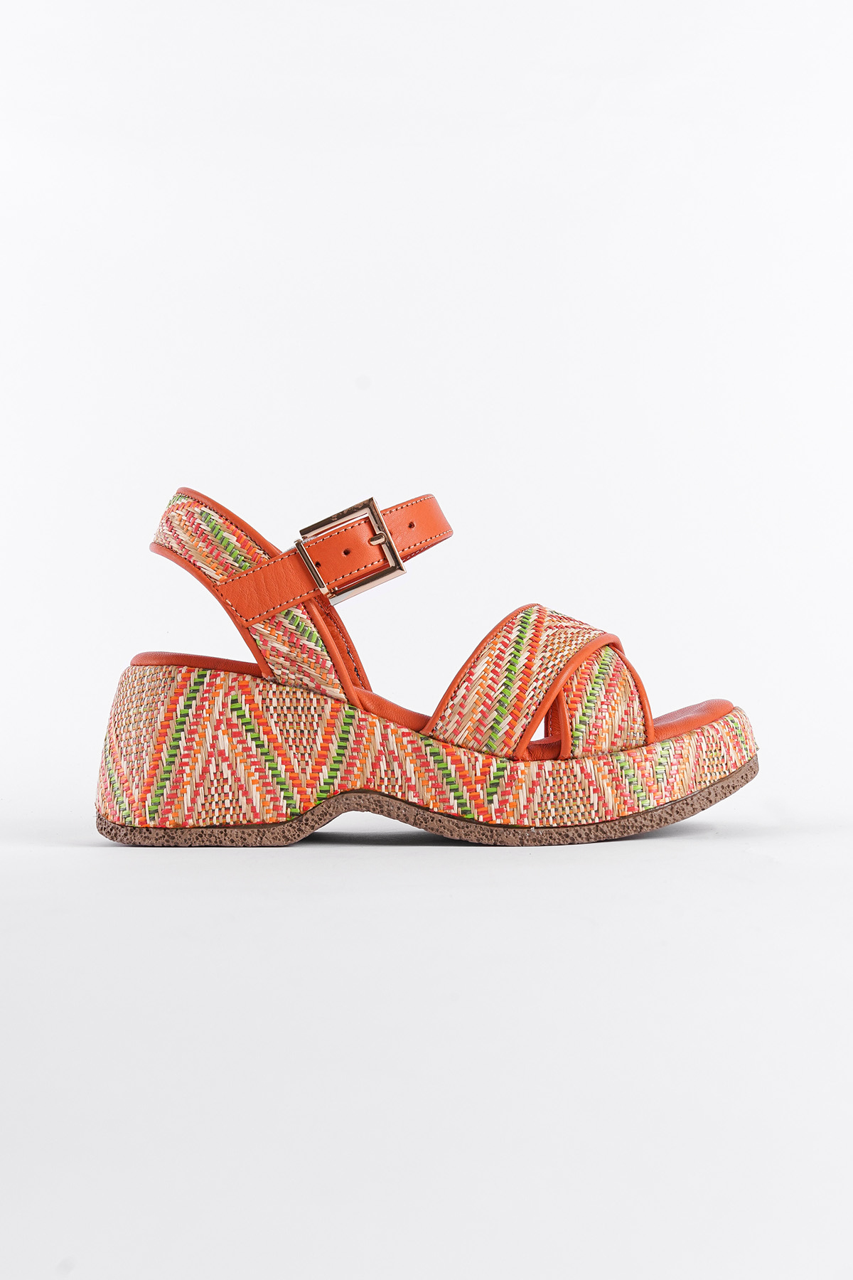 Capone Straw Sole Genuine Leather Cross Strap Comfort Women Orange Sandals