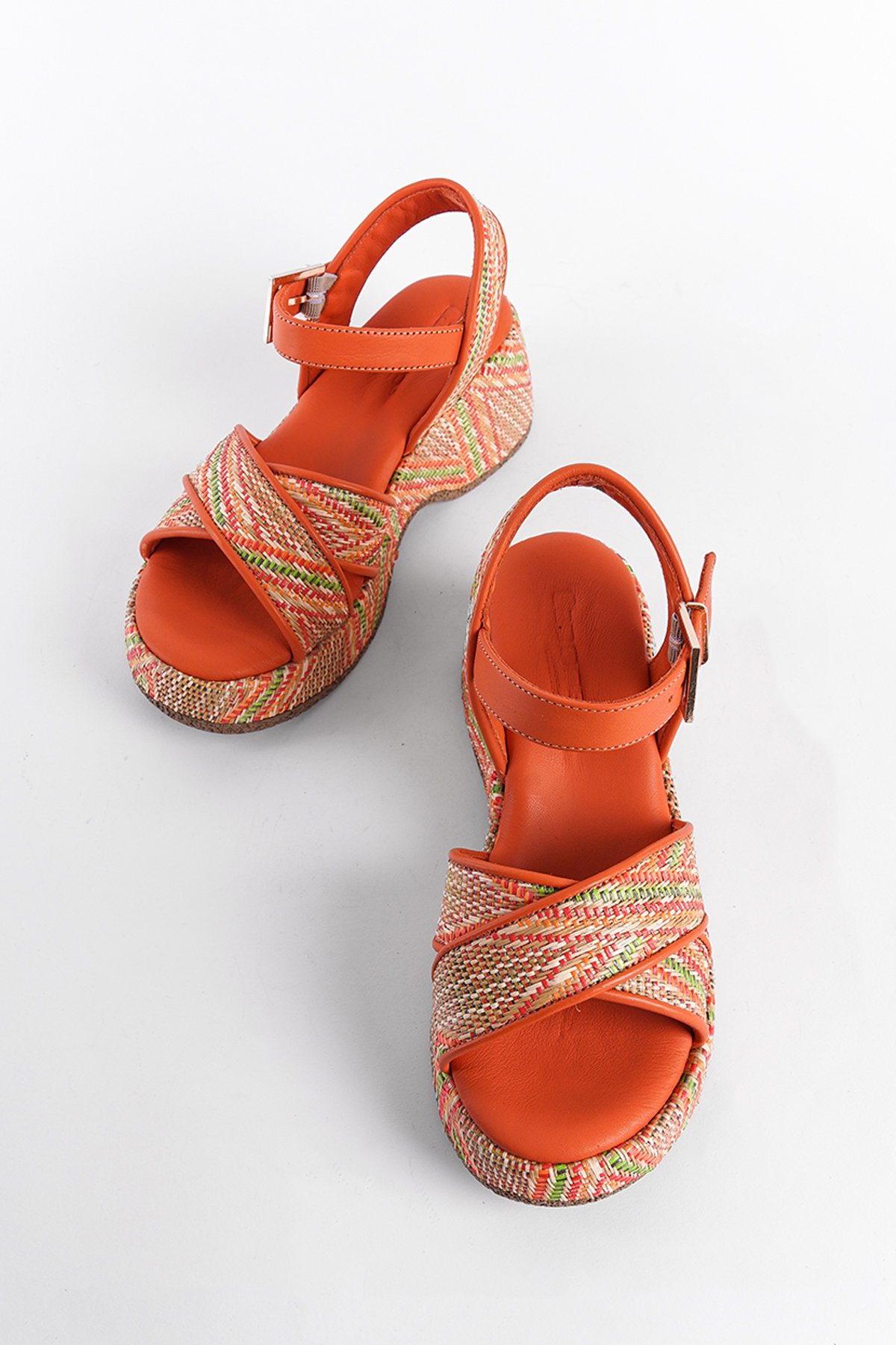 Capone Straw Sole Genuine Leather Cross Strap Comfort Women Orange Sandals