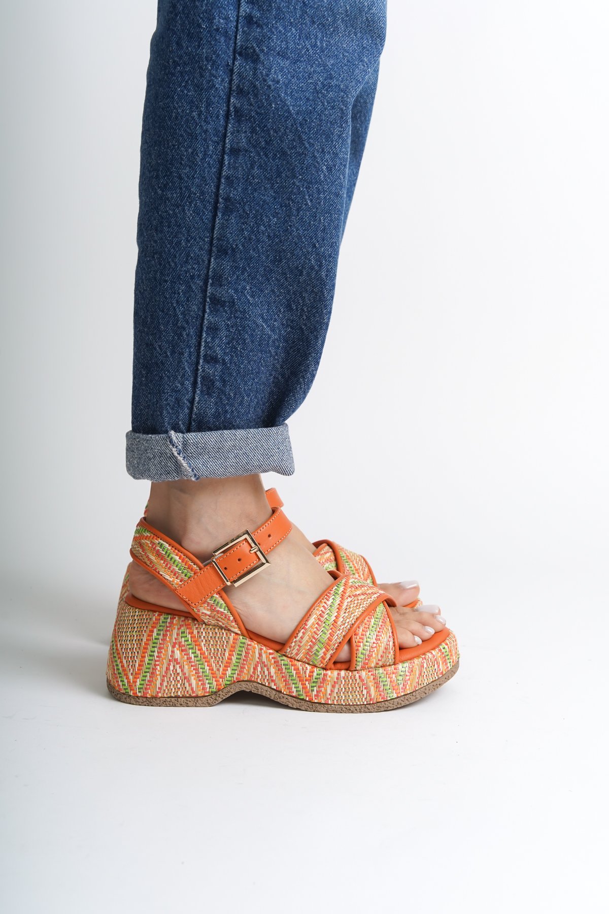 Capone Straw Sole Genuine Leather Cross Strap Comfort Women Orange Sandals