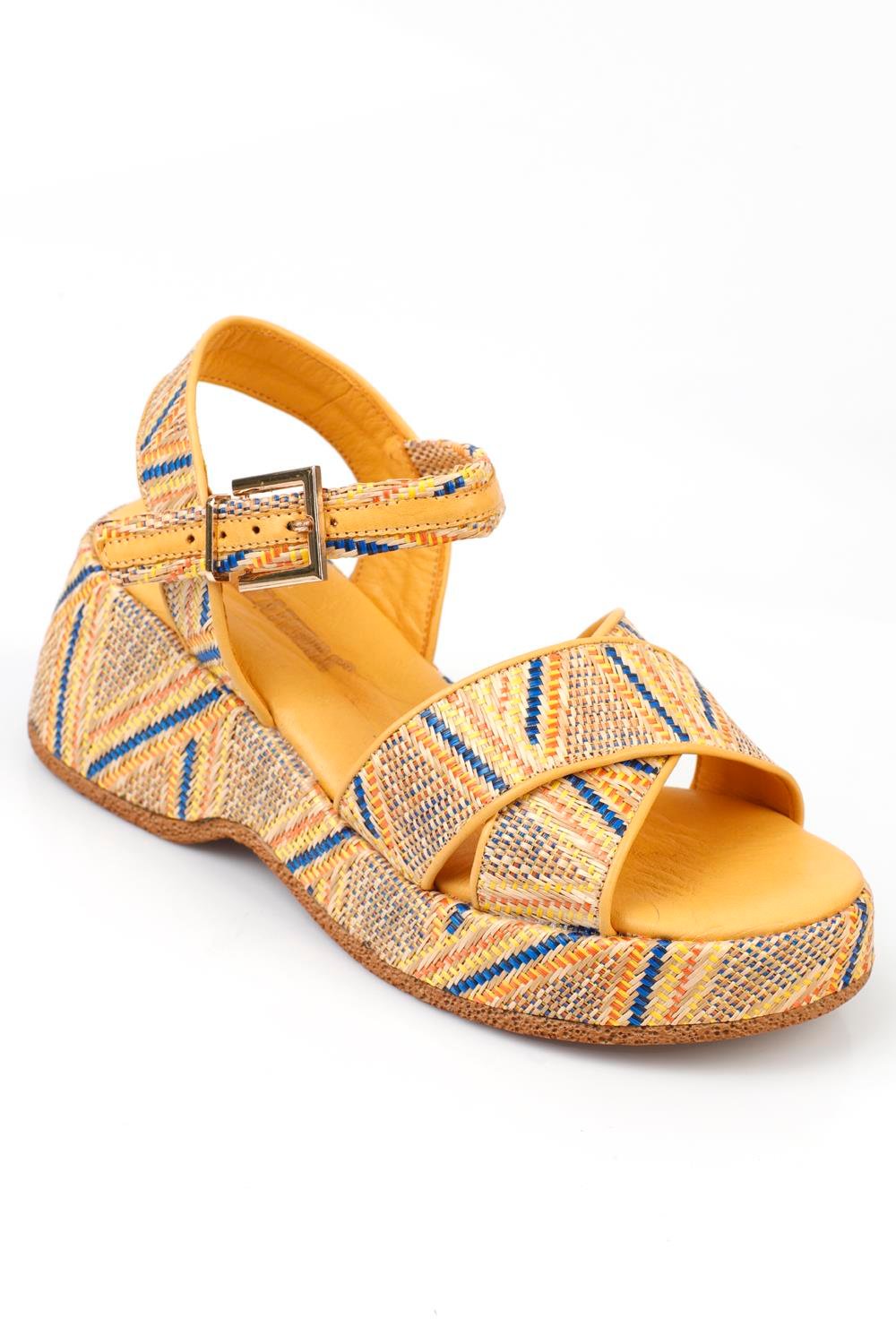 Capone Straw Sole Genuine Leather Cross Strap Comfort Women Yellow Sandals