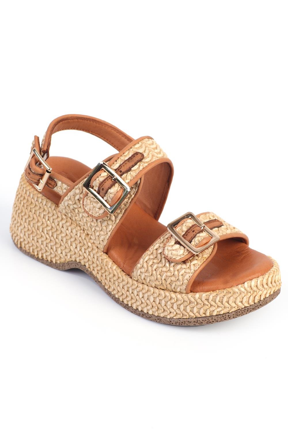 Capone Straw Sole Genuine Leather Double Buckle Comfort Women Tan Sandals