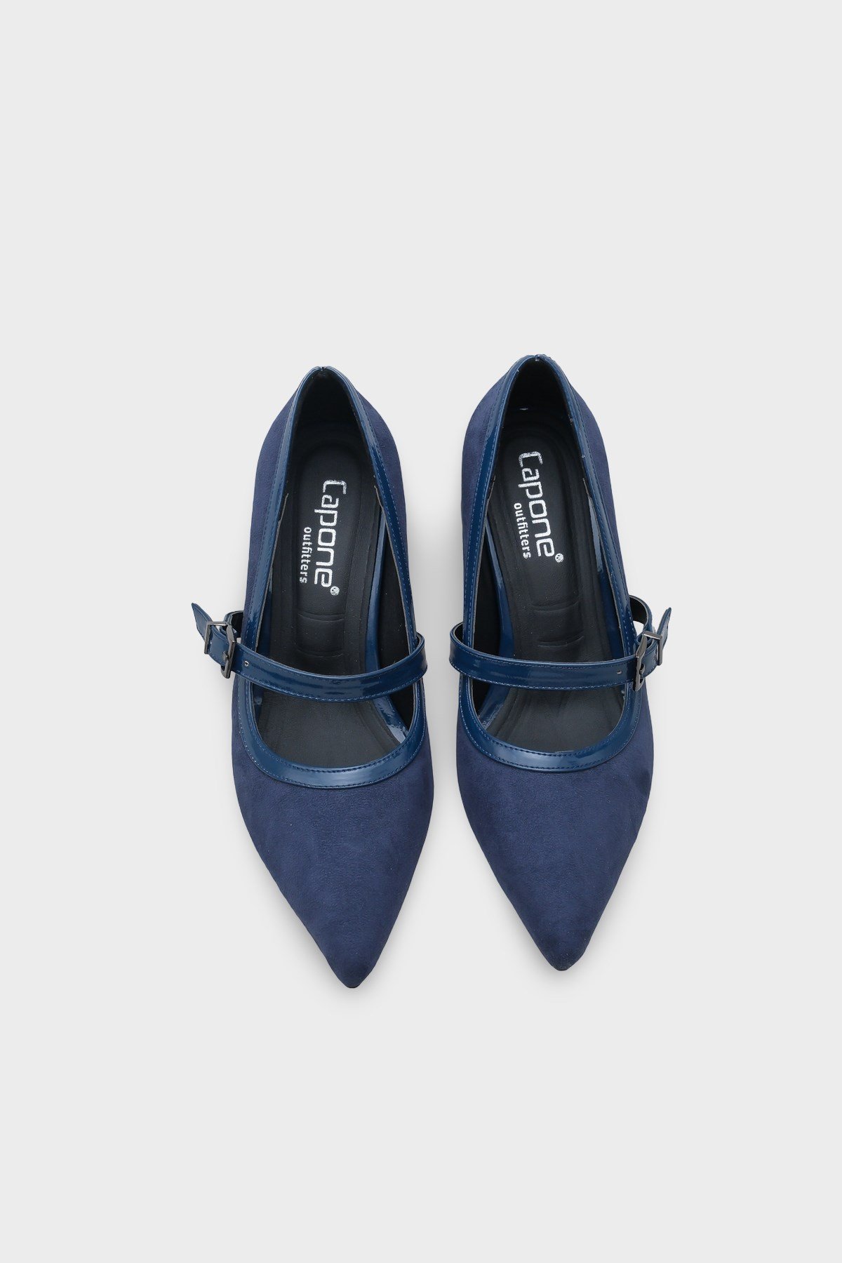 Capone Susann Pointed Toe Thick Mid Heel Strappy Faux Suede Women Navy Shoes