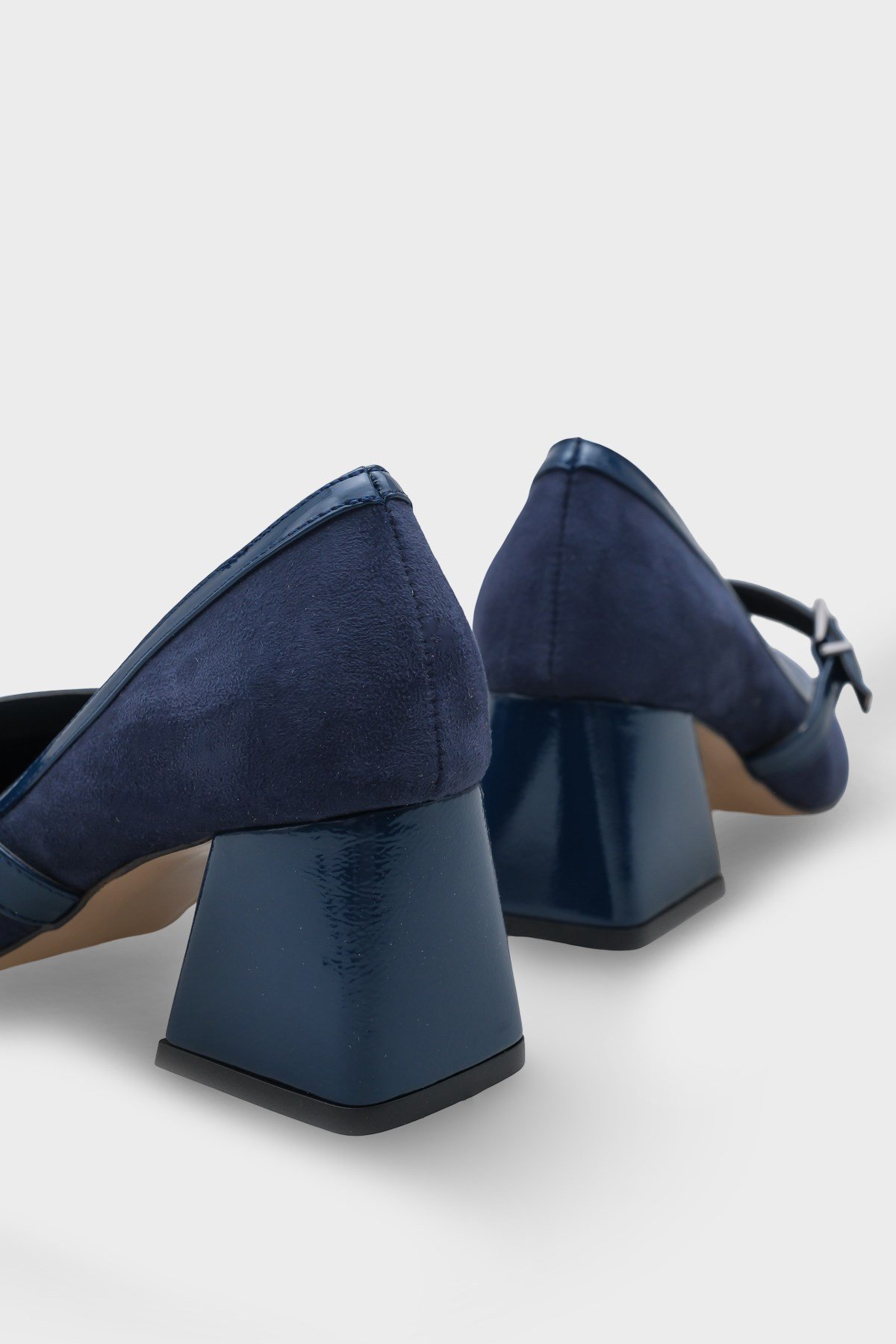 Capone Susann Pointed Toe Thick Mid Heel Strappy Faux Suede Women Navy Shoes