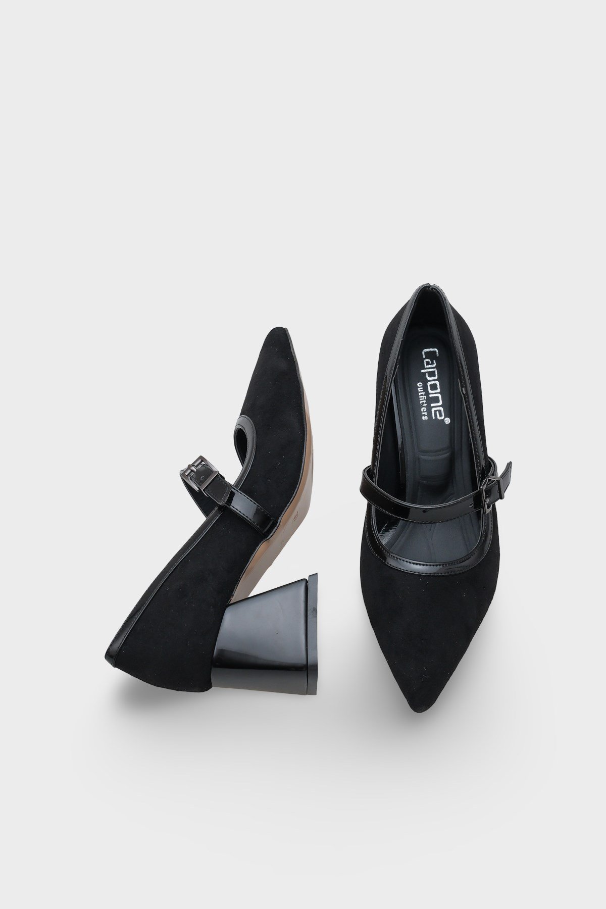 Capone Susann Pointed Toe Thick Mid Heel Strappy Faux Suede Women Sued Black Shoes