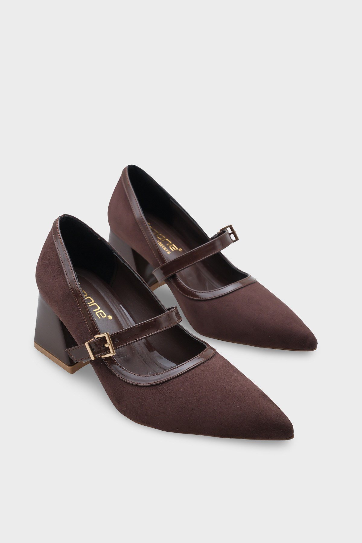 Capone Susann Pointed Toe Thick Mid Heel Strappy Faux Suede Women Sued Brown Shoes