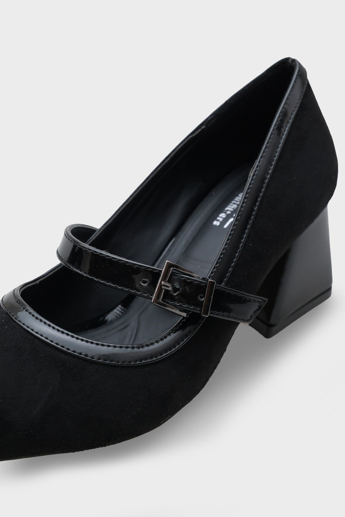 Capone Susann Pointed Toe Thick Mid Heel Strappy Faux Suede Women Sued Black Shoes