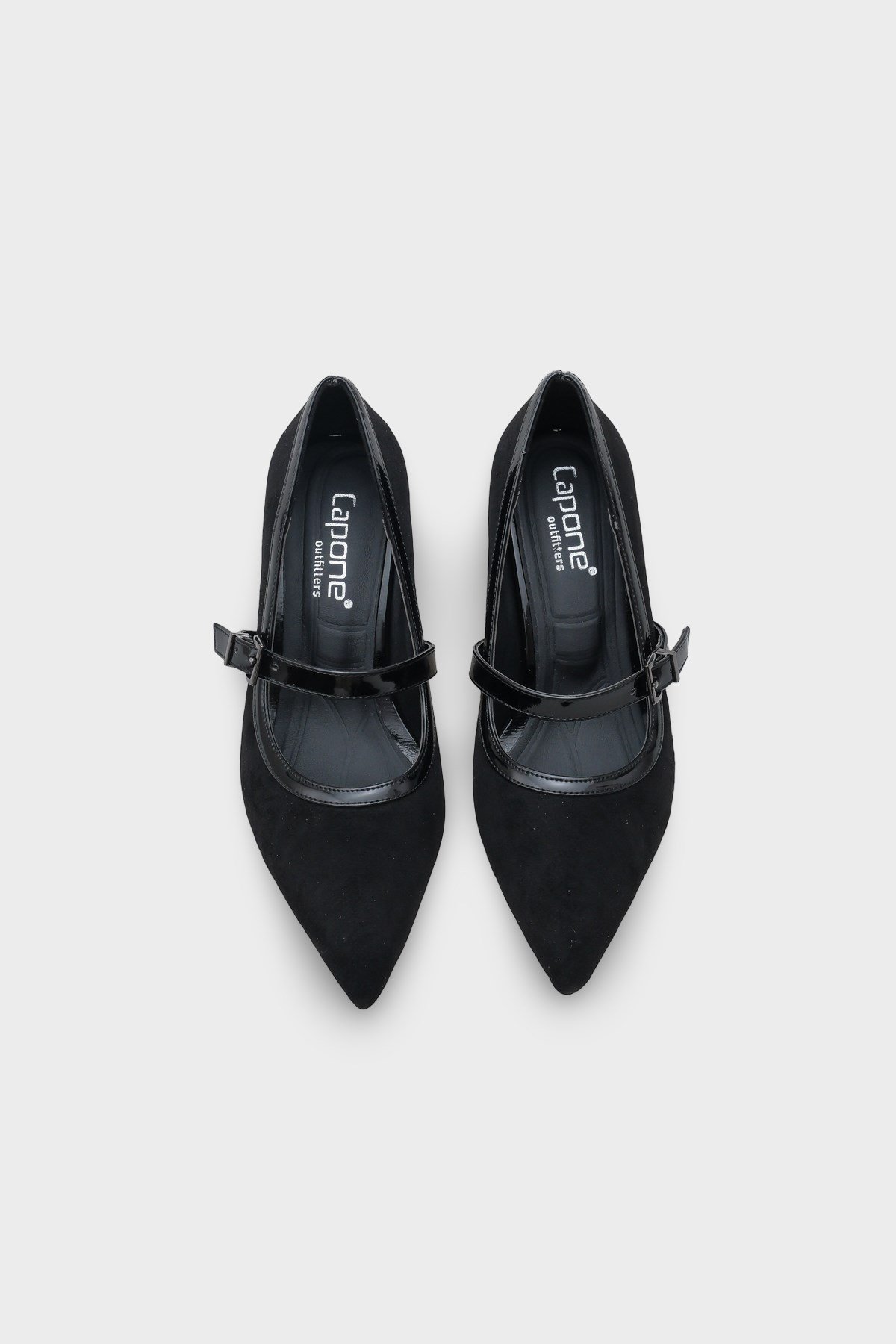 Capone Susann Pointed Toe Thick Mid Heel Strappy Faux Suede Women Sued Black Shoes