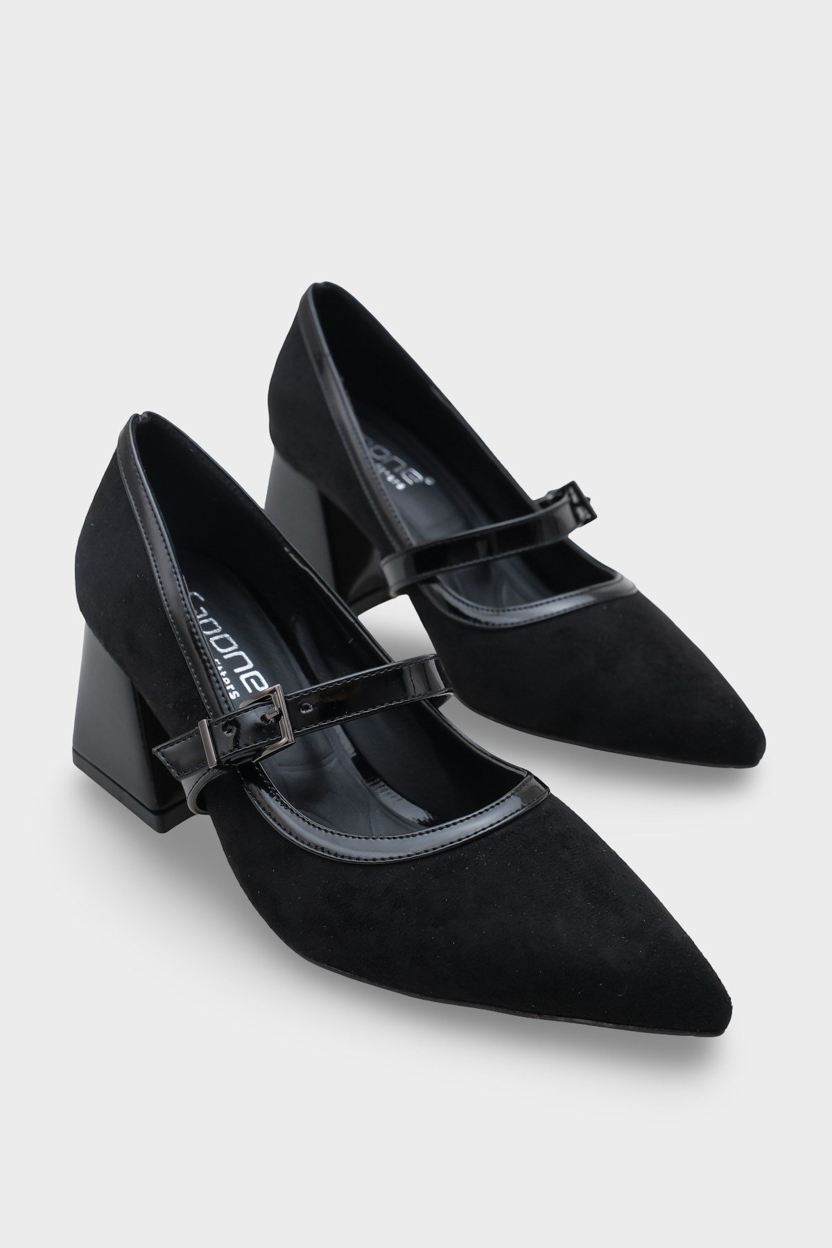 Capone Susann Pointed Toe Thick Mid Heel Strappy Faux Suede Women Sued Black Shoes