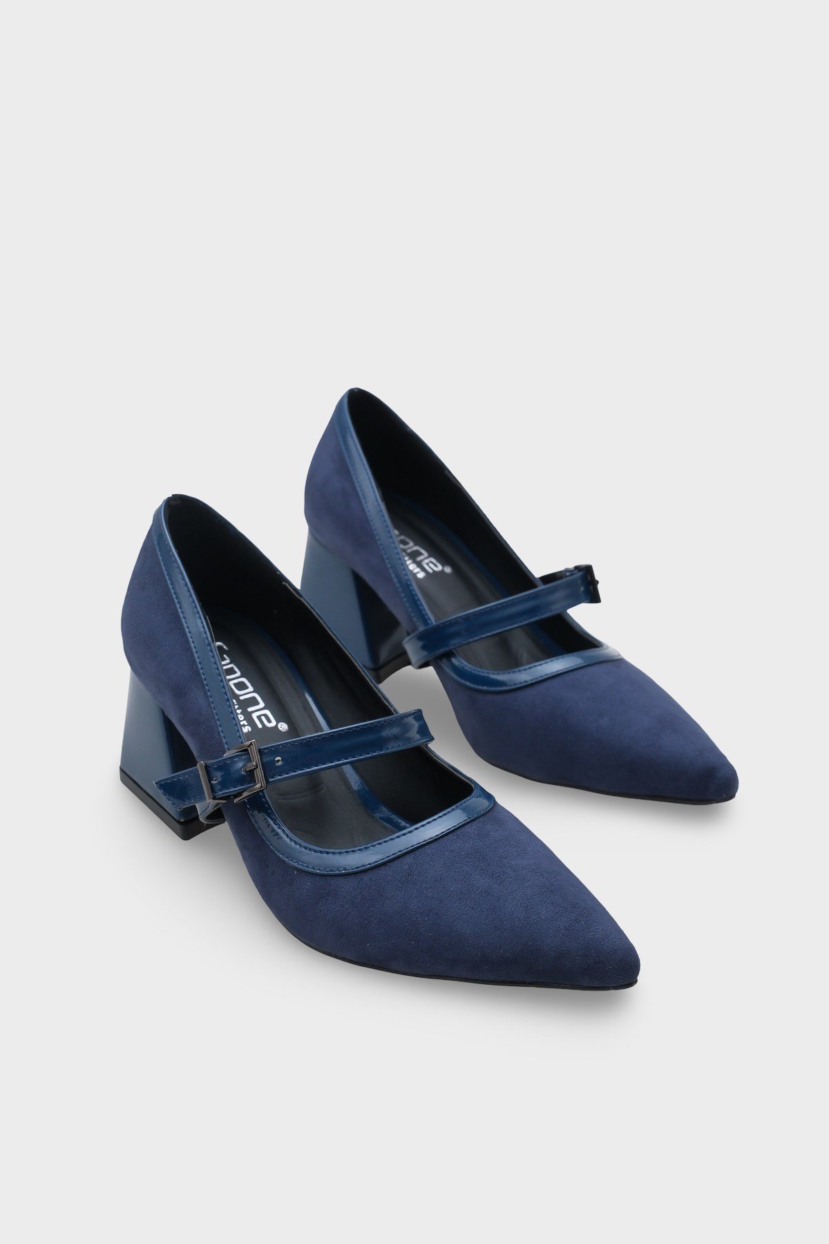 Capone Susann Pointed Toe Thick Mid Heel Strappy Faux Suede Women Navy Shoes