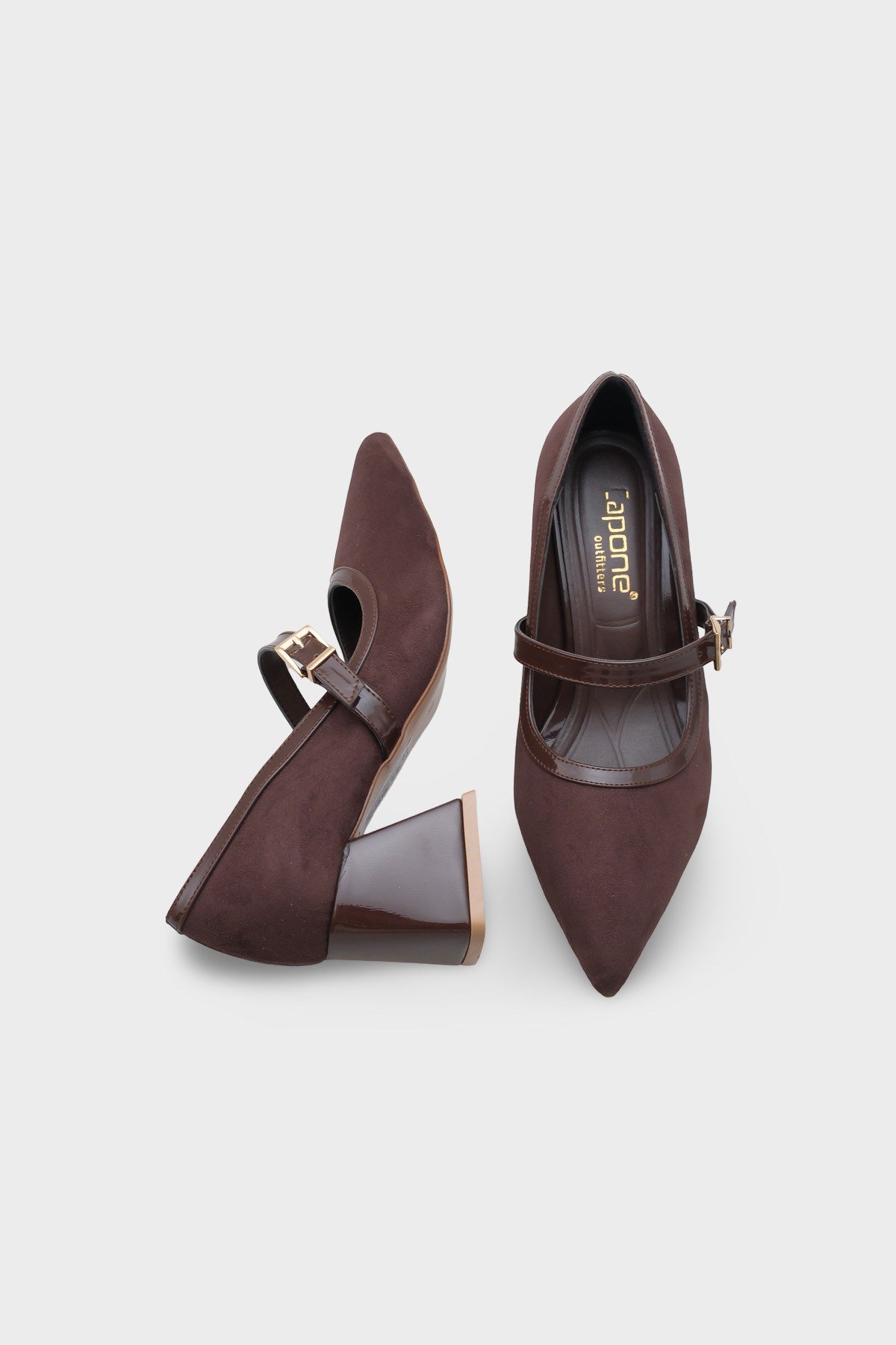 Capone Susann Pointed Toe Thick Mid Heel Strappy Faux Suede Women Sued Brown Shoes