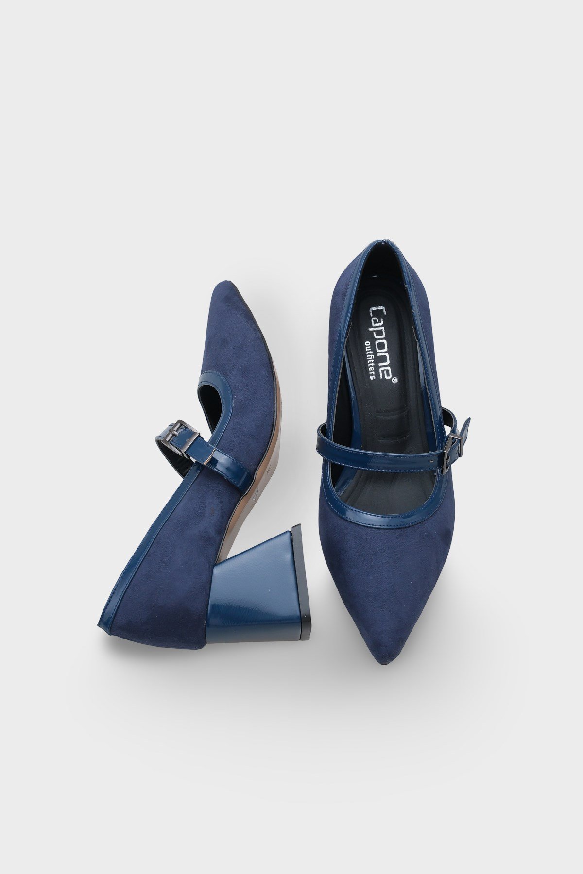 Capone Susann Pointed Toe Thick Mid Heel Strappy Faux Suede Women Navy Shoes