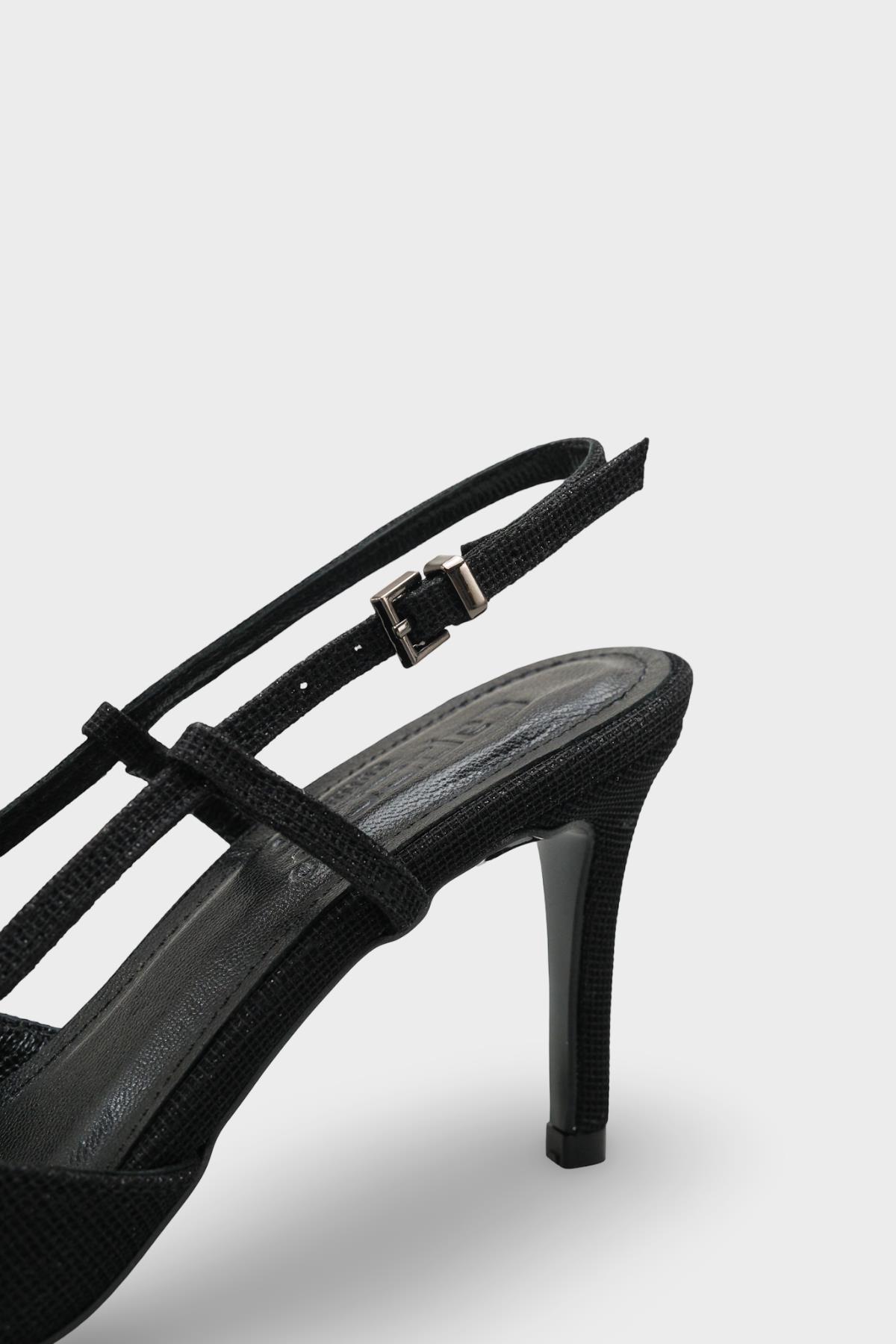 Capone Susie Genuine Leather Lined Pointed Toe Mid Heel Glitter Open Back Women Black Shoe