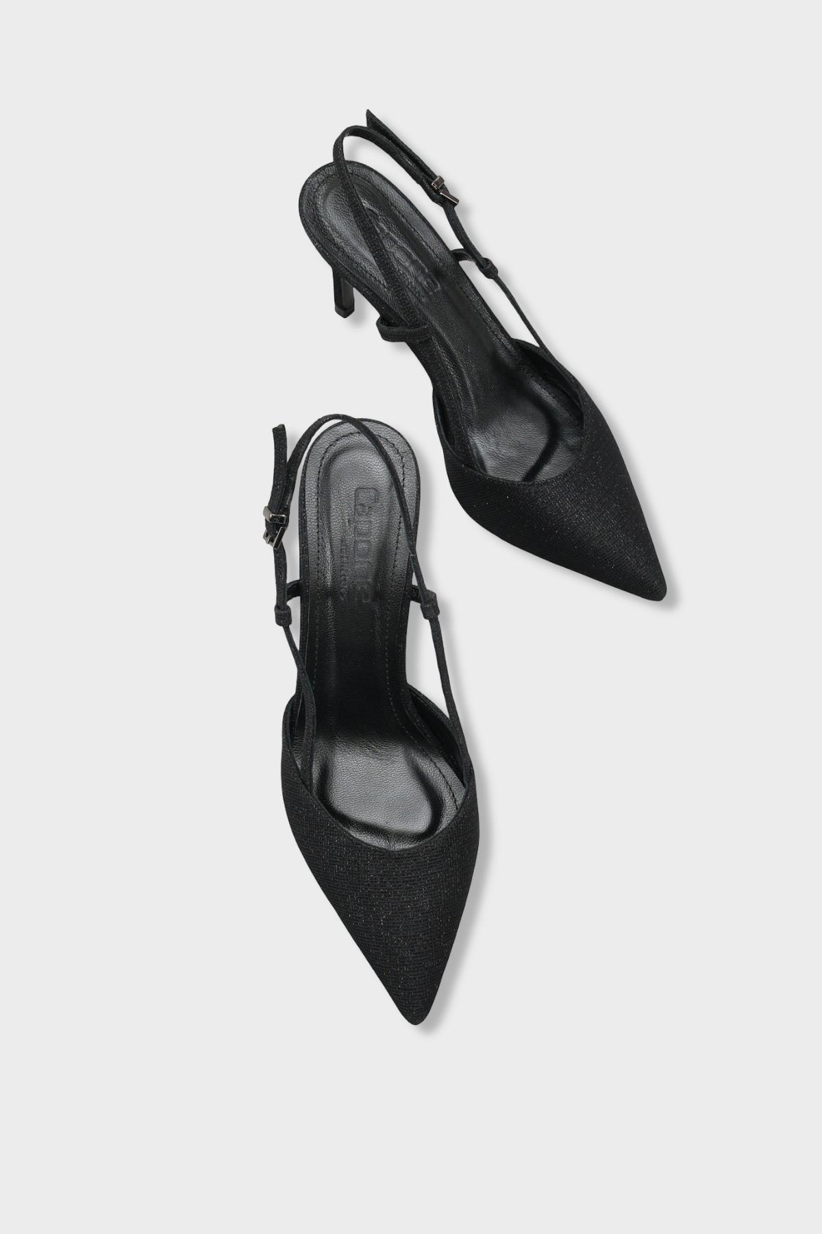 Capone Susie Genuine Leather Lined Pointed Toe Mid Heel Glitter Open Back Women Black Shoe