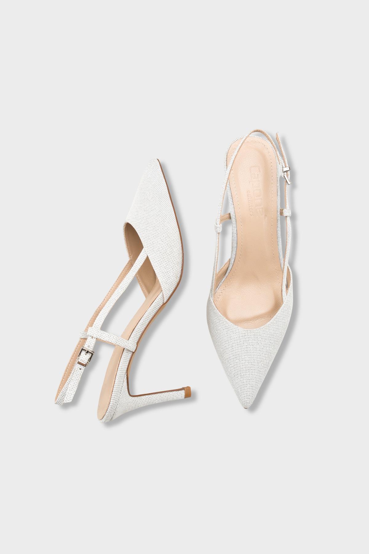 Capone Susie Genuine Leather Lined Pointed Toe Mid Heel Glitter Open Back Women Silver Shoe