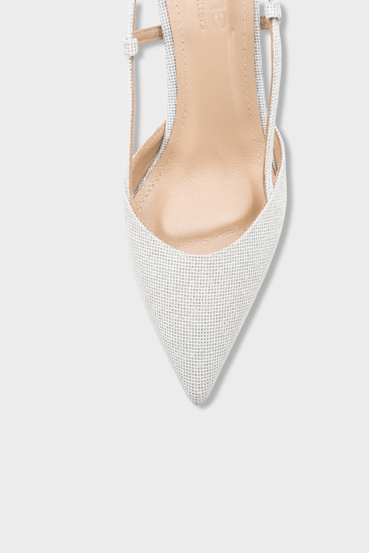 Capone Susie Genuine Leather Lined Pointed Toe Mid Heel Glitter Open Back Women Silver Shoe