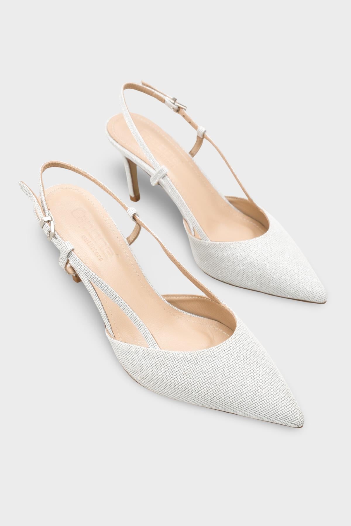 Capone Susie Genuine Leather Lined Pointed Toe Mid Heel Glitter Open Back Women Silver Shoe
