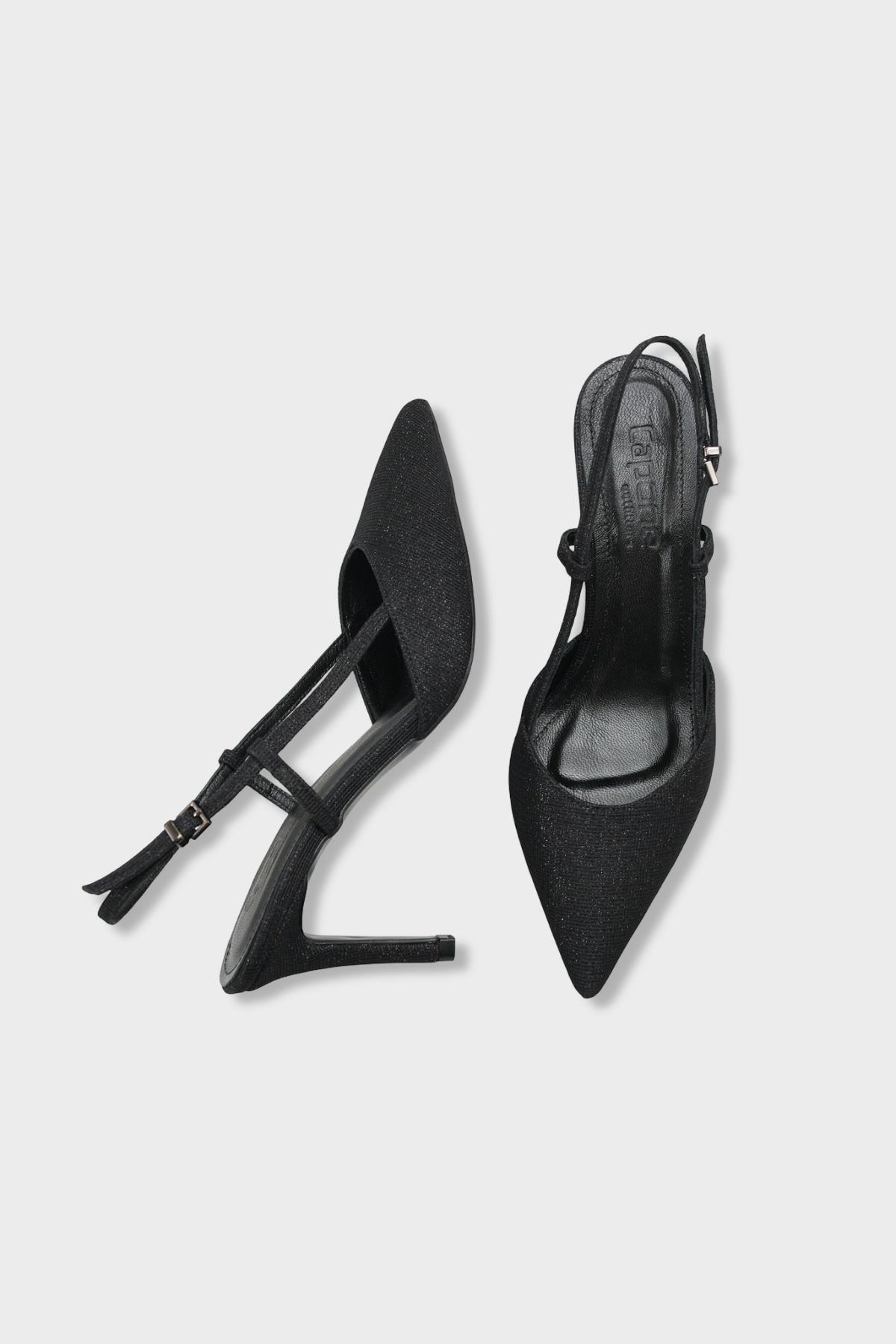 Capone Susie Genuine Leather Lined Pointed Toe Mid Heel Glitter Open Back Women Black Shoe