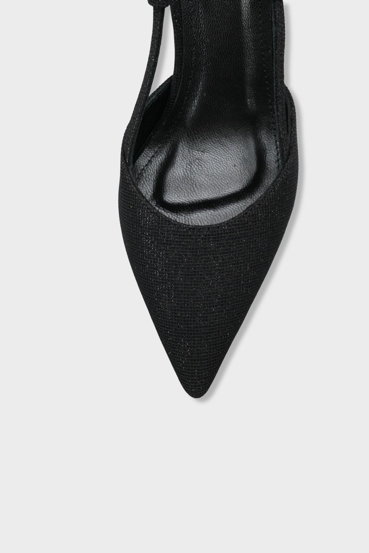 Capone Susie Genuine Leather Lined Pointed Toe Mid Heel Glitter Open Back Women Black Shoe