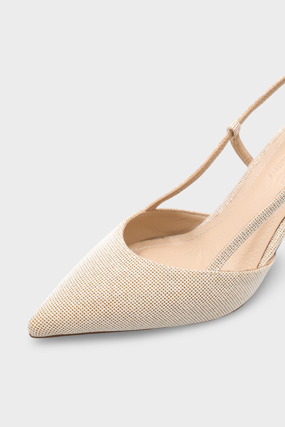 Capone Susie Genuine Leather Lined Pointed Toe Mid Heel Glitter Open Back Women Gold Shoe