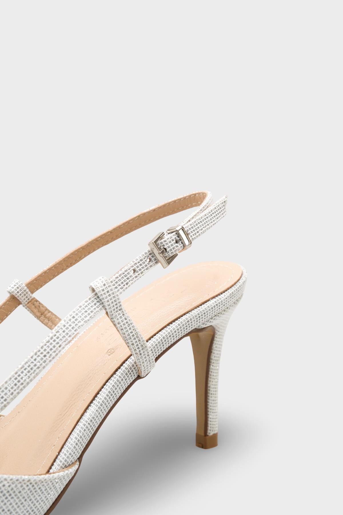 Capone Susie Genuine Leather Lined Pointed Toe Mid Heel Glitter Open Back Women Silver Shoe