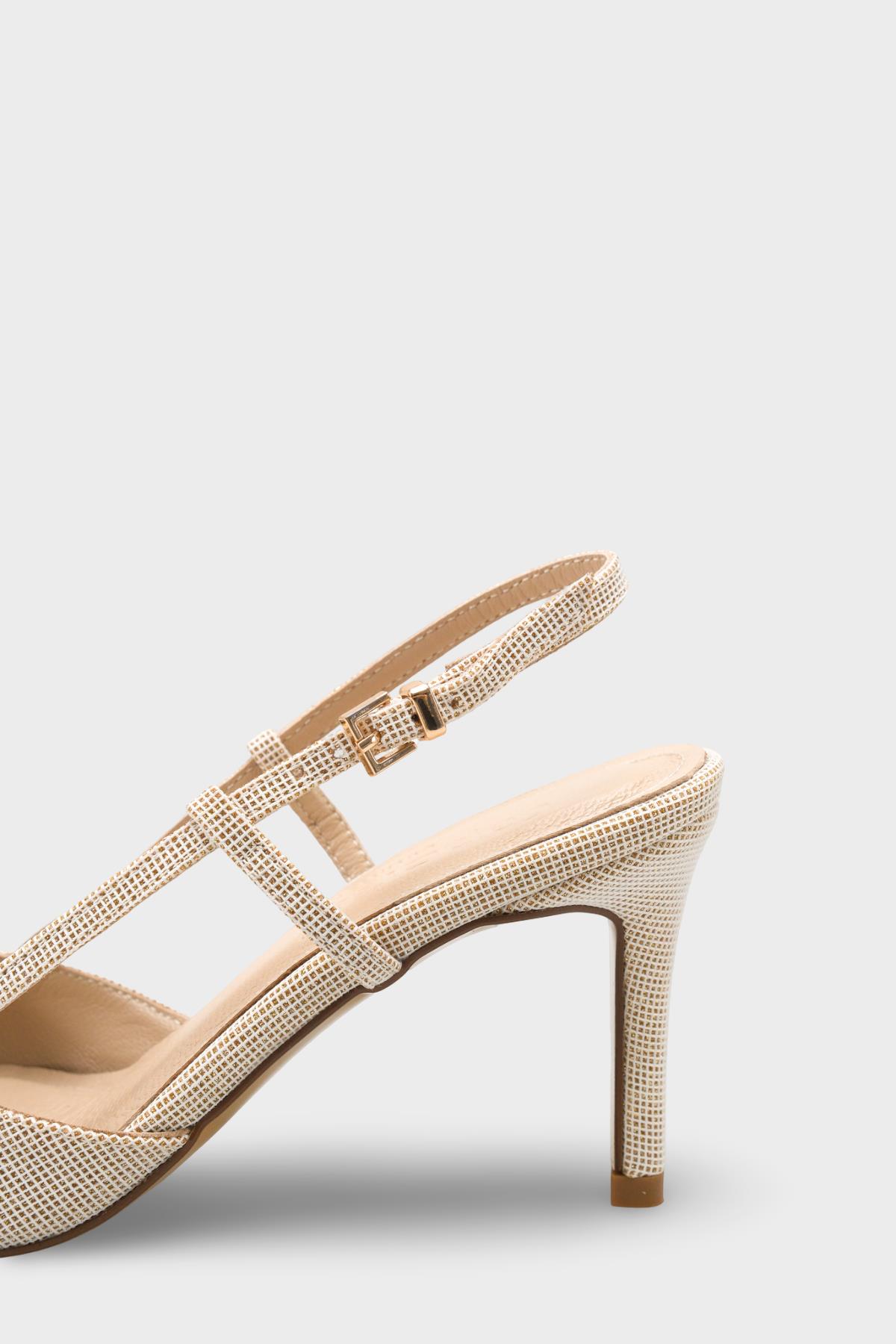 Capone Susie Genuine Leather Lined Pointed Toe Mid Heel Glitter Open Back Women Gold Shoe