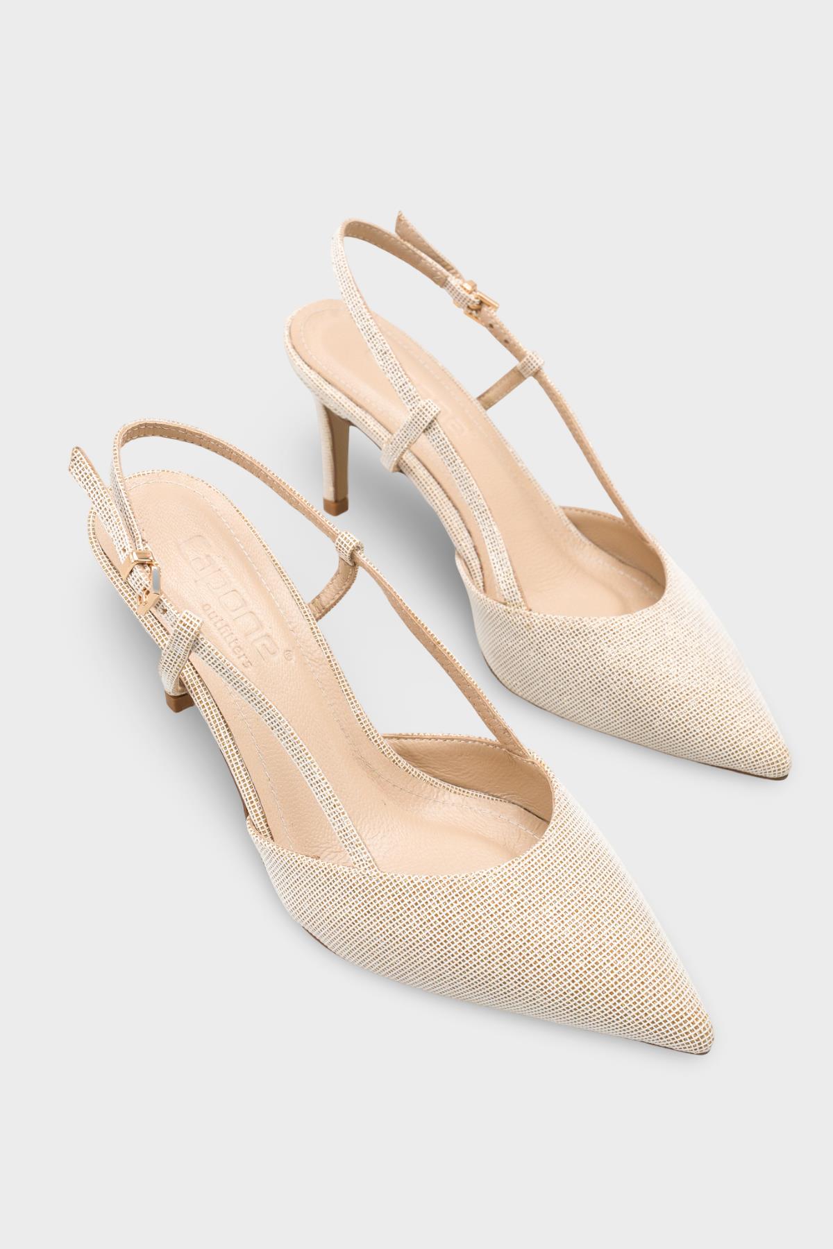Capone Susie Genuine Leather Lined Pointed Toe Mid Heel Glitter Open Back Women Gold Shoe