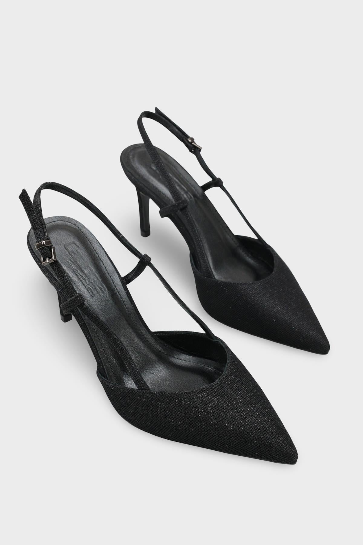 Capone Susie Genuine Leather Lined Pointed Toe Mid Heel Glitter Open Back Women Black Shoe