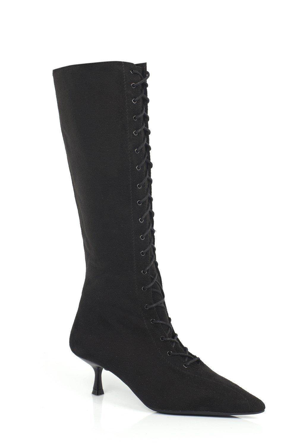 Capone Suzanne Suede Look Pointed Toe Lace-Up Mid Heel Elegant Women Sued Black Boot