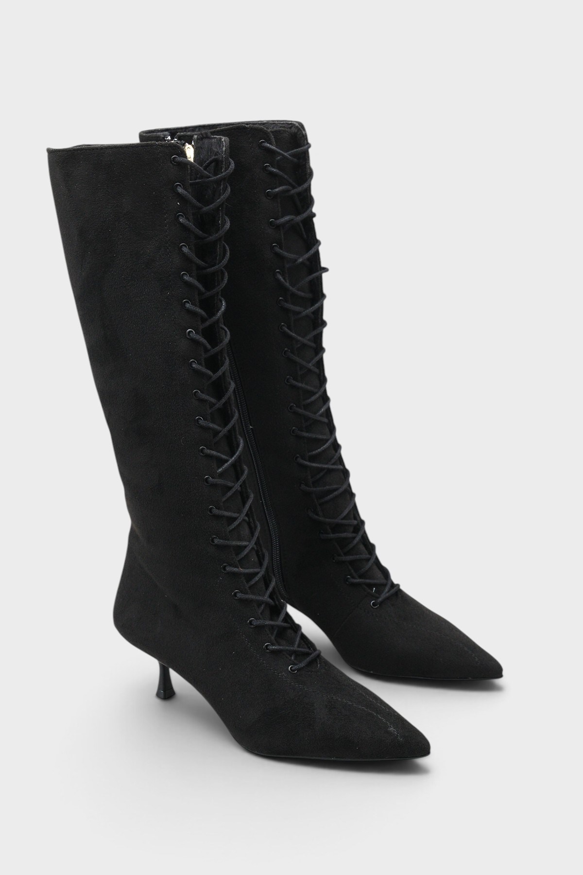 Capone Suzanne Suede Look Pointed Toe Lace-Up Mid Heel Elegant Women Sued Black Boot