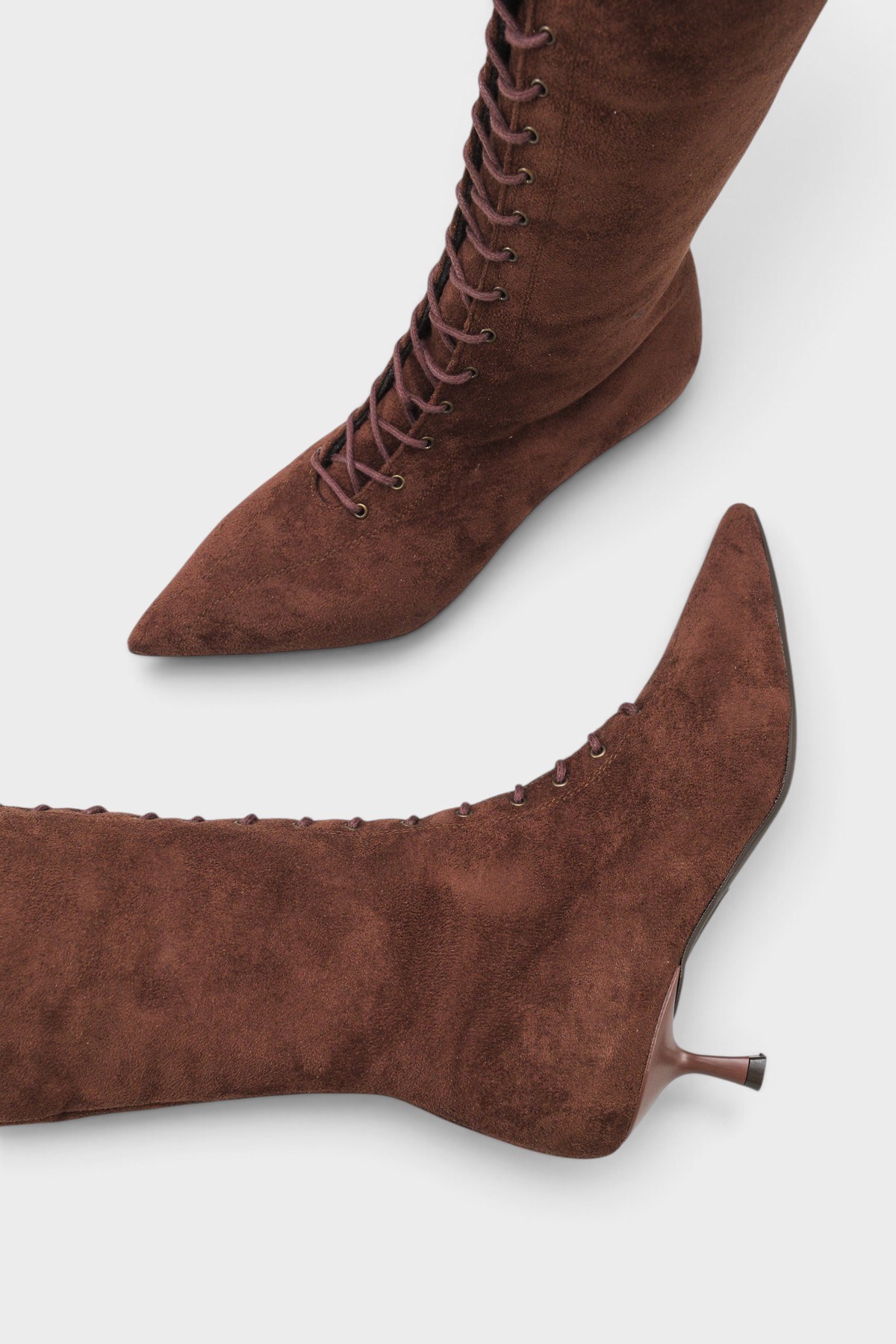 Capone Suzanne Suede Look Pointed Toe Lace-Up Mid Heel Elegant Women Sued Brown Boot