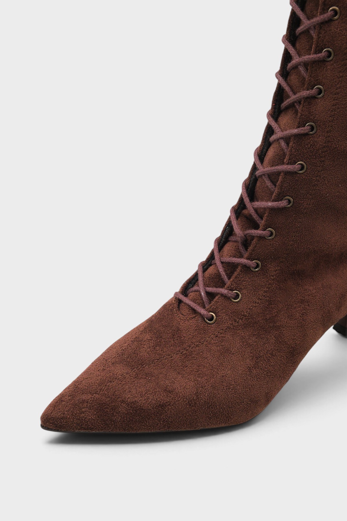 Capone Suzanne Suede Look Pointed Toe Lace-Up Mid Heel Elegant Women Sued Brown Boot