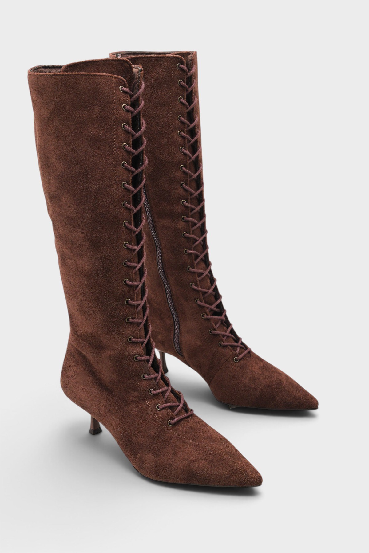 Capone Suzanne Suede Look Pointed Toe Lace-Up Mid Heel Elegant Women Sued Brown Boot