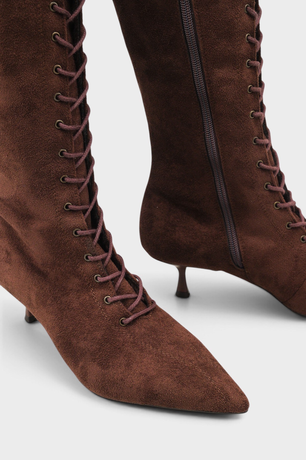 Capone Suzanne Suede Look Pointed Toe Lace-Up Mid Heel Elegant Women Sued Brown Boot