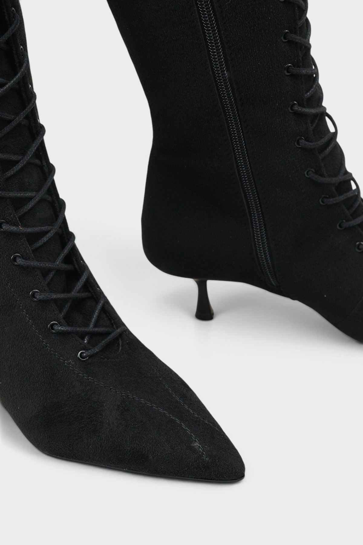 Capone Suzanne Suede Look Pointed Toe Lace-Up Mid Heel Elegant Women Sued Black Boot