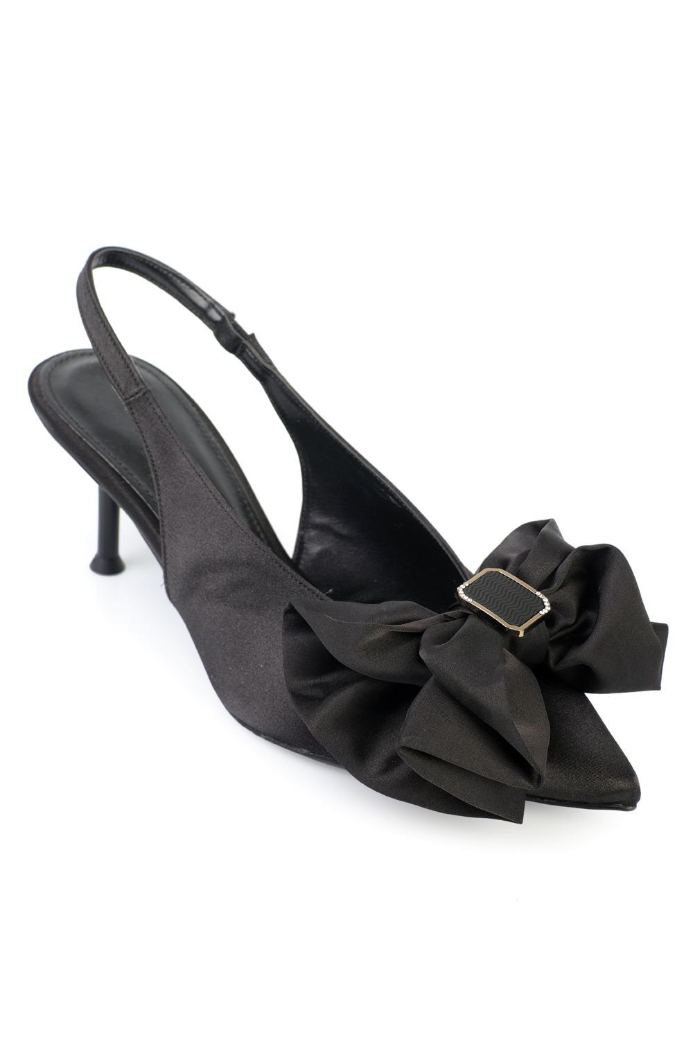Capone Tasha Satin Bow Detail Pointed Toe Mid Heel Women Satin Black Shoe