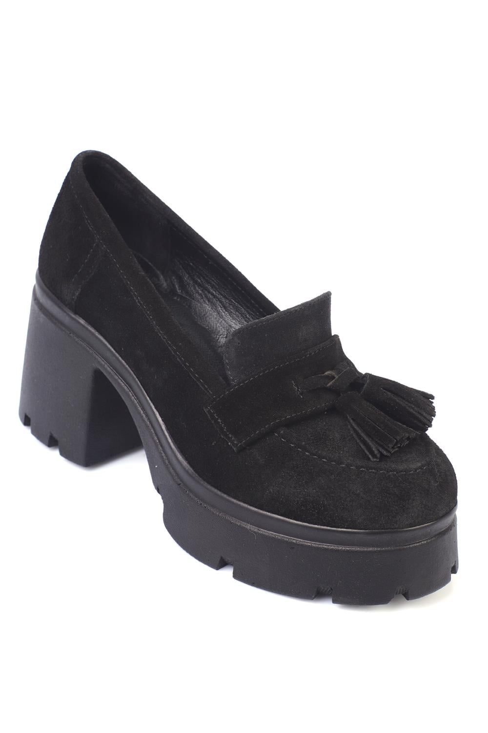 Capone Tasseled High-Sole Leather Women Black Loafers