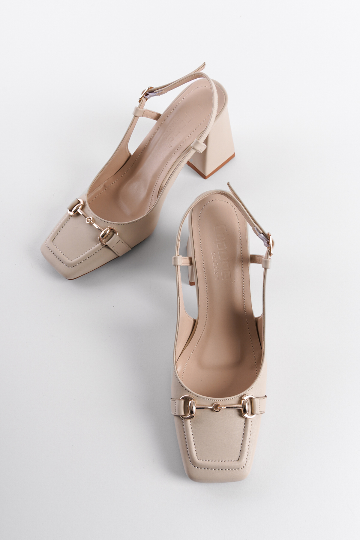 Capone Thick Heeled Open Back Buckle Flat Toe Women Ecru Shoes