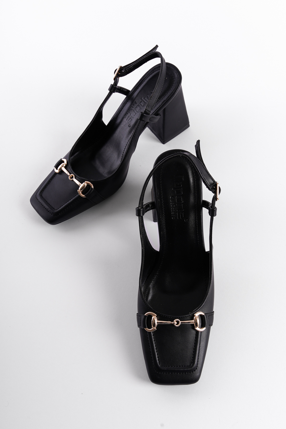 Capone Thick Heeled Open Back Buckle Flat Toe Women Black Shoes