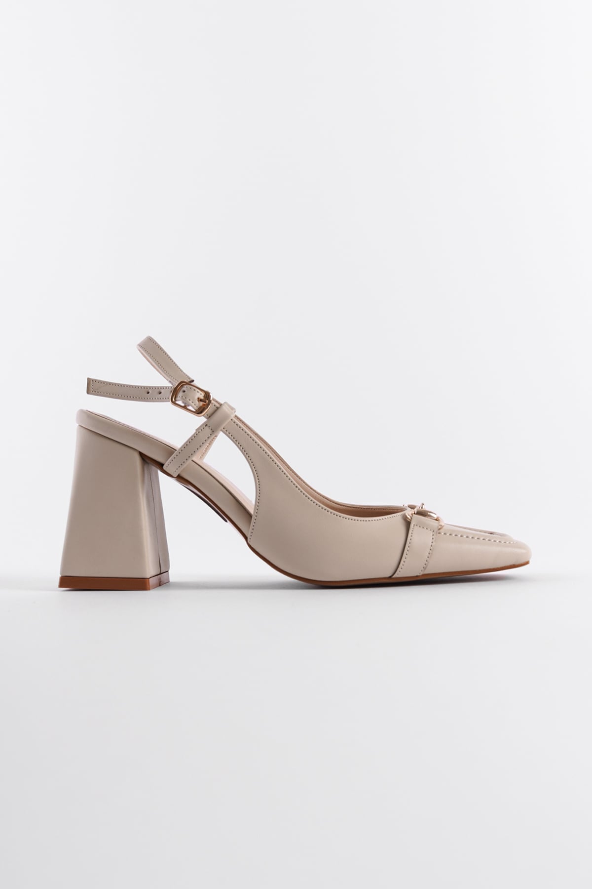Capone Thick Heeled Open Back Buckle Flat Toe Women Ecru Shoes