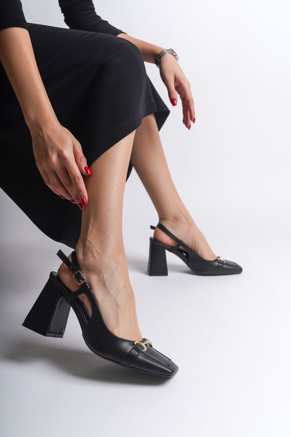 Capone Thick Heeled Open Back Buckle Flat Toe Women Black Shoes