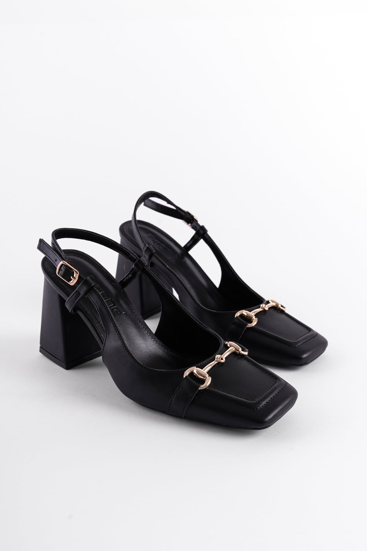 Capone Thick Heeled Open Back Buckle Flat Toe Women Black Shoes