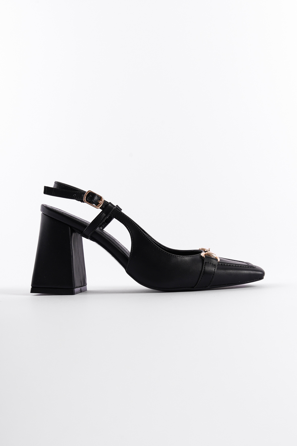 Capone Thick Heeled Open Back Buckle Flat Toe Women Black Shoes