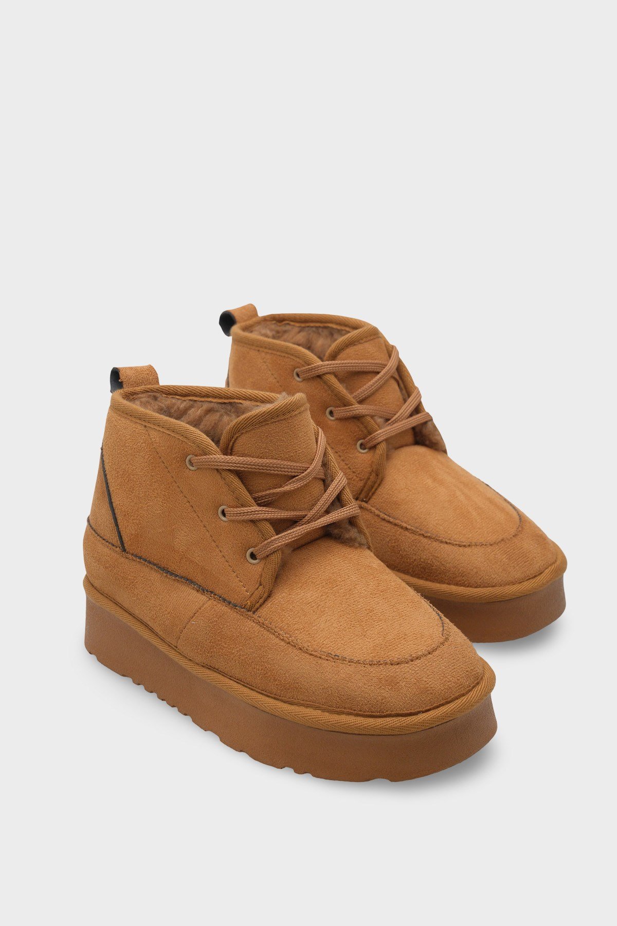 Capone Thick Sole Round Toe Laced Furry Women Tan Boots