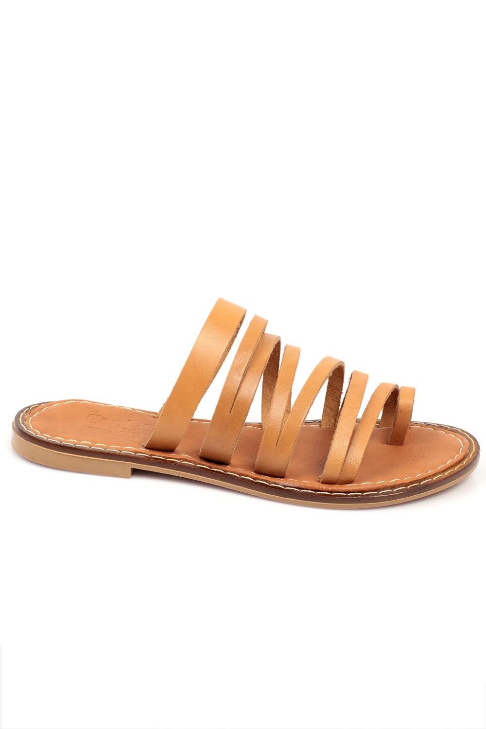 Capone Toe Ring Detail Multi Band Women Tan Leather Sandals