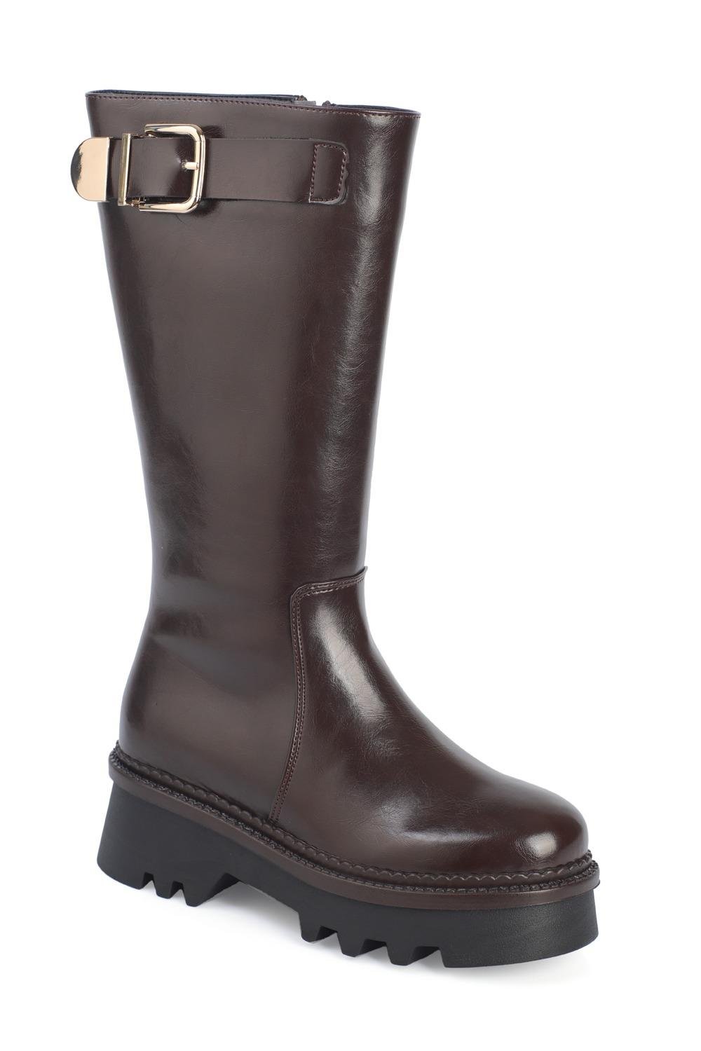 Capone Track Sole Metal Buckled Side-Zippered Women Brown Boots