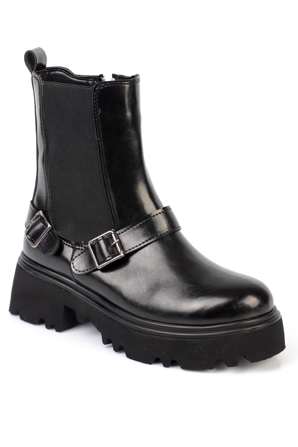 Capone Track Sole Side Elastic Buckled Women Black Long Boots