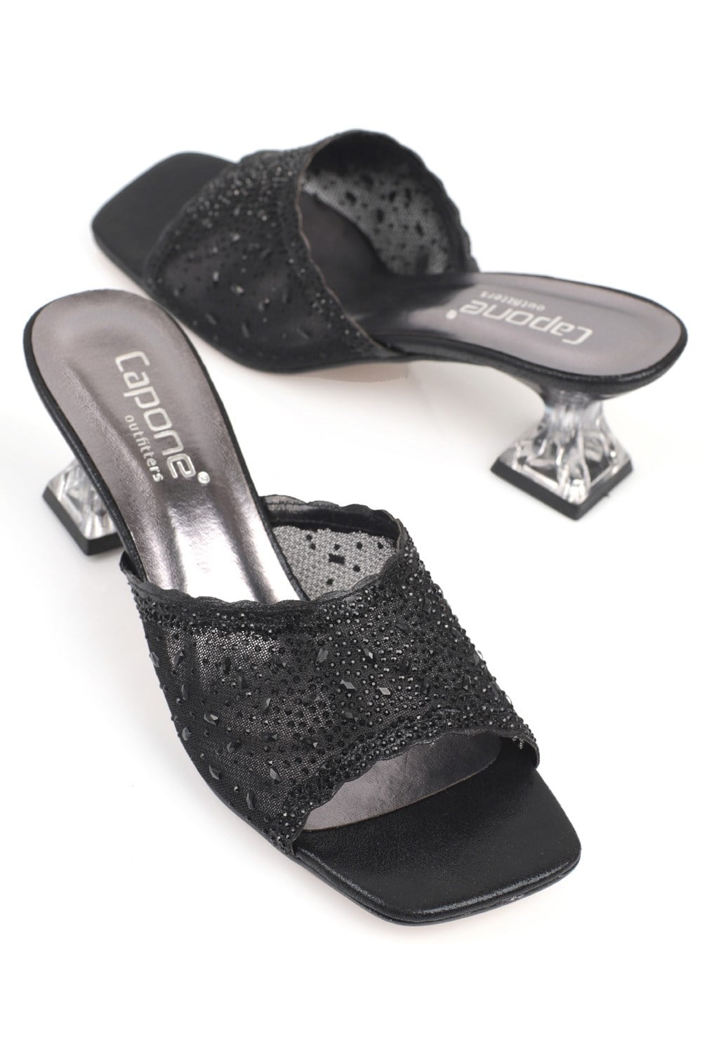 Capone Transparent Heel Blunt Toe Cristal Embellished Lace Mid Heel Women Black Sandals