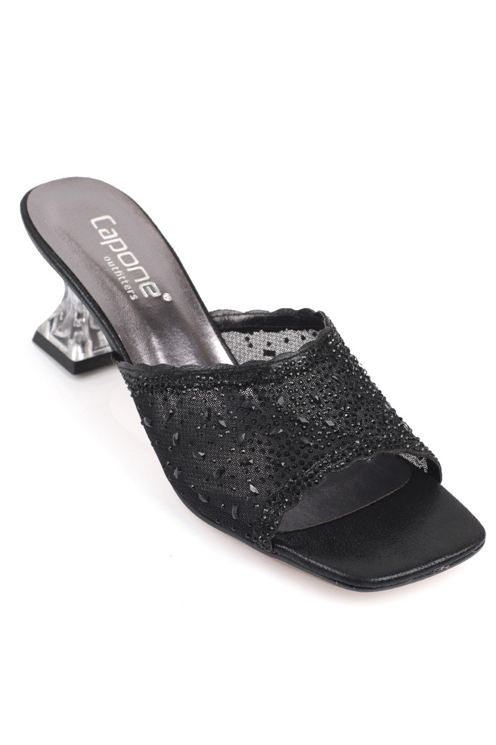 Capone Transparent Heel Blunt Toe Cristal Embellished Lace Mid Heel Women Black Sandals