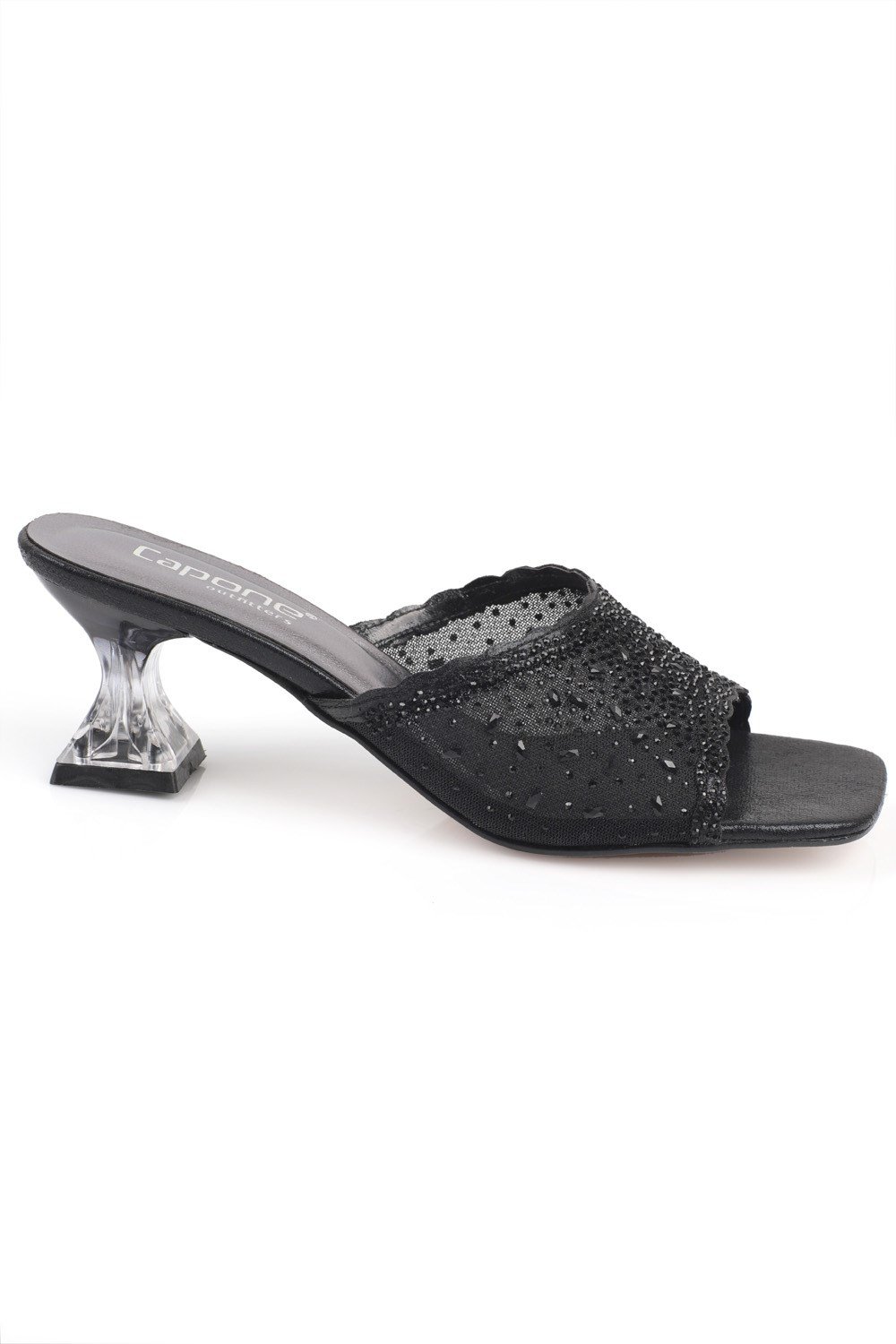 Capone Transparent Heel Blunt Toe Cristal Embellished Lace Mid Heel Women Black Sandals